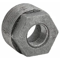 Threaded x Threaded straight pipe fitting, Class 150, rated for 300 psi at 150°F. Connects 1 1/4 in to 3/8 in pipe sizes. Suitable for medium-pressure industrial piping systems conveying water, oil, or gas.