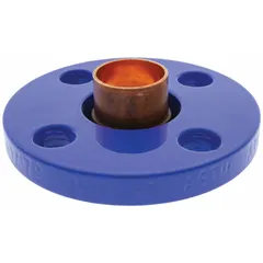 This low-lead cast copper and bronze tube flange features a cup x flange connection, designed for sweat/solder installation. It connects 1 in CTS copper tube to 1 in pipe, suitable for use in plumbing and HVAC systems for potable water, hydronic heating, and industrial fluid handling.