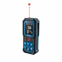 Indoor-outdoor laser distance meter with a measurement range of 6 in to 165 ft and accuracy of ±0.0625 in. Features a red laser, digital display with rubberized housing, and operates on AA batteries. Includes subtraction function and clip for convenient use in construction, renovation, and layout tasks.