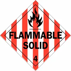 This BRADY placard displays the message 'Flammable Solid' for hazard identification on containers. It measures 10 3/4 inches by 10 3/4 inches and is used to communicate the presence of Class 4 flammable solids during transport and storage.