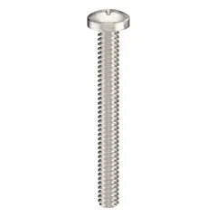 Pan head machine screw with #4-40 thread, 1 in length, made from 18-8 stainless steel with plain finish. Phillips drive, #1 drive size. Suitable for fastening components in light-duty assemblies, electronics enclosures, and industrial equipment where corrosion resistance is required. Sold in a 50-piece pack.
