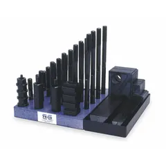 This 50-piece clamping kit is designed for use with 14 mm T-slots on machine tables. It includes four 200 mm studs with M12x1.75 thread and features a 25 mm step block width. Suitable for securing workpieces during milling, drilling, and other machining operations.