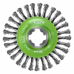Stainless steel stringer bead weld-cleaning brush with 0.02" fill. 4 1/2" diameter, 1/2" width, X-Lock mount. Removes slag and discoloration from welds on stainless steel in fabrication and metalworking.