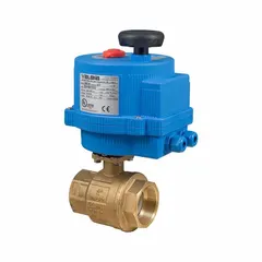 Brass two-way ball valve with 12V AC/DC actuator and manual override. Features ISO 5211 actuator mounting pad and FNPT x FNPT straight connections. Used for on/off control in industrial piping systems handling water, oil, or gas.