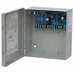 Steel-enclosed power supply board accepting 24V AC input and delivering 6-15VDC output at 2A total across four fused circuits. Used to power low-voltage security, access control, and CCTV equipment.
