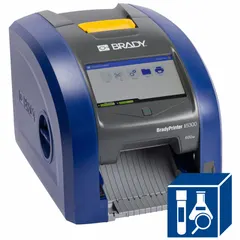 Single-color printer for on-demand laboratory identification labels. Supports PC-connected or standalone operation via Ethernet/USB. Includes Brady Workstation Laboratory Identification Suite software and cleaning kit.