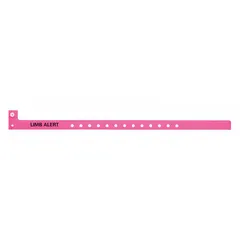 Plastic security wristband in pink, measuring 12-7/8 inches long by 1-1/8 inches wide. Sold in a pack of 500. Commonly used for patient identification in healthcare, visitor access control, or event admission tracking.