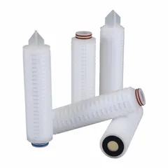 This pleated water filter cartridge features polypropylene filter media with a 0.2 micron rating and 5 gpm flow capacity. The 10-inch overall height and pleated design provide increased surface area for fine filtration. Suitable for applications requiring high-purity water, such as pre-treatment for reverse osmosis or process water polishing.