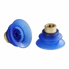 This bellows type vacuum pad assembly features 1.5 folds and a 66 mm pad diameter, providing flexibility for gripping contoured or irregular surfaces. It has a 3/8 in NPT connection and is made of Elastodur ED in blue with a hardness of 85 A. Suitable for handling applications in automotive and other industrial settings.