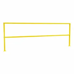 Steel handrail section with two rail levels, square profile, and bolt-on mounting. Yellow finish. Used for fall protection along walkways, platforms, and loading docks where a toe board is not required.