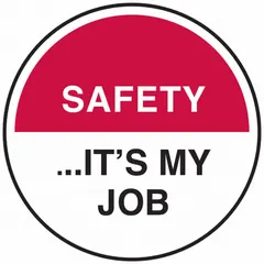 Non-reflective hard hat label with a diameter of 2 inches. Printed in English with the message 'Safety... It's My Job.' Suitable for use on hard hats to promote safety awareness. Supplied in a pack of 4.