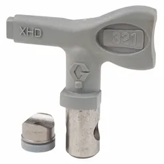 This GRACO airless spray gun tip features a 0.021 in orifice for applying paints and protective coatings. It is compatible with the XHF series and model XHD001. Commonly used in industrial finishing operations for precise spray pattern control.