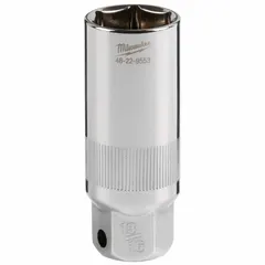 This 13/16 in SAE spark plug socket features a 6-point deep design with a chrome finish. It is used for removing and installing spark plugs in engines, fitting common spark plug hex sizes. Suitable for automotive and small-engine maintenance tasks.