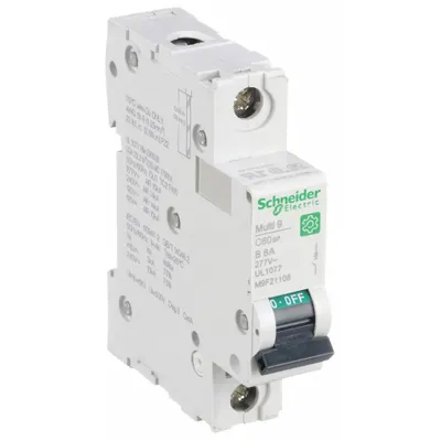 SCHNEIDER Supplementary Protector: 8 A Amps, 60V DC, 14kA at 120/240V AC, Screw Clamp - B-Curve, 1-Pole UL1077 DIN Rail-Mount Supplementary Protectors