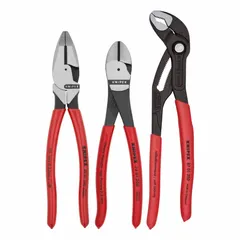 This 3-piece plier set includes standard cushion grip pliers with manual operation, covering a pliers range of 2 to 5. Suitable for general-purpose cutting and gripping tasks in maintenance and assembly work.