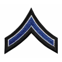 Rank insignia patch for Private First Class (PFC). Measures 3 inches, black, constructed from a polyester/rayon blend. Suitable for identifying rank on military or uniform apparel.