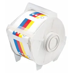 Vinyl precut label rolls with color bar design, measuring 2 1/4 in x 2 1/4 in. Feature an acrylic adhesive for bonding to surfaces. Compatible with GlobalMark 2 printer series. Used for color-coded hazard communication and safety signage in industrial environments.