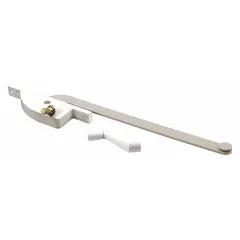 This left-hand window operator is designed for casement windows and includes a crank handle. It mounts on the window frame and features a white painted finish. The base length measures 4-3/4 inches. Suitable for replacement or new installations on casement windows.