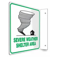 This 8 in x 8 in PETG sign features an L-Shape Projection design for identifying severe weather shelter areas. It has mounting holes for installation and is not retroreflective, with no glow-in-the-dark capability. Suitable for use in industrial facilities to mark designated shelter locations