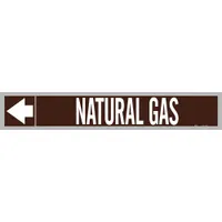 Adhesive pipe markers for identifying natural gas lines in industrial piping systems. Each marker features a brown background with white legend text and directional arrows. Designed for pipe outer diameters of 1-1/2 to 2 inches. Supplied on a roll of 25 markers
