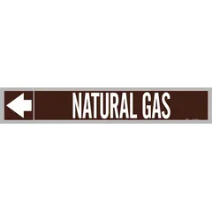 Adhesive pipe markers for identifying natural gas lines in industrial piping systems. Each marker features a brown background with white legend text and directional arrows. Designed for pipe outer diameters of 1-1/2 to 2 inches. Supplied on a roll of 25 markers.