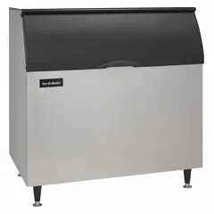 Commercial ice bin with top-hinged lid, constructed from aluminum and polyethylene. Stores up to 854 lb of ice. Dimensions: 50 in height, 48 in width, 31 in depth. Suitable for use in foodservice and hospitality settings where bulk ice storage is required.