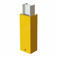 Column protector with square center made of yellow vinyl. Overall height 48 in, overall width 5 in. Designed to fit columns with a length of 5 in. Used to protect square columns from impact in warehouses, factories, and parking structures.