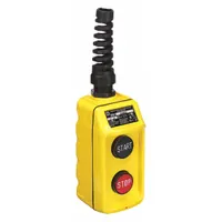 Push-button pendant with two buttons configured as Start/Stop with maintained/momentary action. Features 1NO/1NC contacts, dead-end hub style, and a NEMA 4 thermoplastic enclosure. AC contact rating 1.5 A at 240 V, DC contact rating 0.2 A at 600 V. Suitable for remote control of industrial machinery such as hoists and conveyors