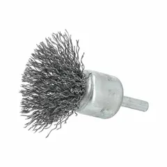 This light-cleaning brush is designed for carbon steel surfaces. It features a crimped steel fill with a 3 in diameter and 0.02 in fill diameter, mounted on a 1/4 in shank. Suitable for deburring, edge blending, and surface preparation in metal fabrication and maintenance tasks.