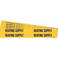Yellow adhesive pipe markers with black legend text reading 'Heating Supply'. Each pack contains 5 sets of 4 markers, fitting pipe outer diameters from 3/4 to 2-3/8 inches. Designed without directional arrows for clear identification of heating supply lines in industrial piping systems.