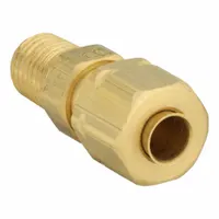 Brass compression fitting adapter with self-aligning design. Connects 3/16 in OD tubing to 1/16 in male NPT threaded ports. Used in pneumatic, hydraulic, and instrumentation tubing systems for leak-resistant seals