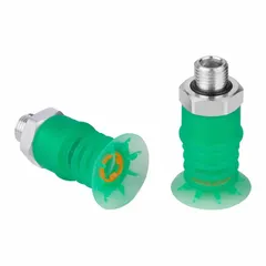 This multi-bellows vacuum pad assembly features 4.5 folds and a 32 mm pad diameter in green. It has a G3/8 in vacuum port and is designed for food-safe handling applications. Suitable for gripping irregular or delicate items in packaging, food processing, and material transfer lines.