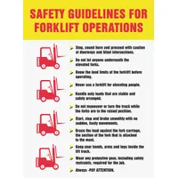 This 22 in x 17 in plastic poster displays safety guidelines for forklift operations in English. It features a clear film laminate protective coating and is designed for use in warehouses, factories, and loading docks to promote safe driving practices, load handling, and pedestrian awareness