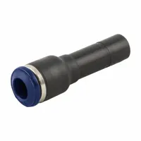 This push-to-connect fitting connects 1/2 in OD tube to a 3/8 in OD tube stem, enabling tool-free installation in pneumatic systems. Constructed with a nylon body and nickel-plated brass components, it is suited for use in automation, packaging, and material handling equipment. The black/blue color aids identification in complex line routing