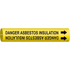 Yellow snap-on pipe marker with black legend reading 'Danger Asbestos Insulation'. Fits pipe outer diameters from 2-1/2 to 3-7/8 inches. Includes directional arrows for flow orientation. Used to identify asbestos insulation hazards on industrial piping systems.