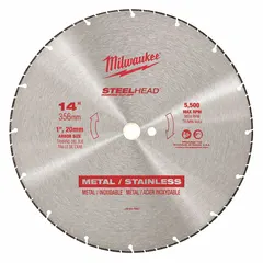 This 14 in diameter diamond saw blade is designed for dry cutting of stainless steel. It features a 1 in arbor and is rated as Better grade. Suitable for use with self-propelled saws in metal fabrication and construction applications.