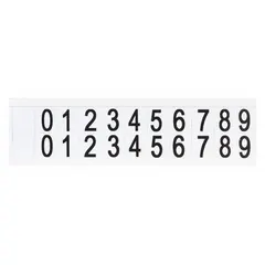 This permanent number label set includes black Gothic characters 0 through 9 on a white non-reflective background. Designed for indoor and outdoor use, each character is 5/8 inch in height. The set is not self-spacing or aligning. Typical applications include labeling equipment, panels, pipes, and bins for identification and organization.
