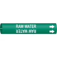 This snap-on pipe marker identifies raw water piping. It features a green background with white legend text and directional arrows. Designed to fit pipe outer diameters of 4 to 6 inches. Supplied as a single marker