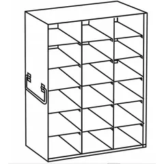 This stainless steel freezer rack is designed for organizing samples, vials, or boxes in cold storage environments. It measures 21 5/8 inches in overall length and 8 3/8 inches in overall width, with handles for easy transport. Suitable for use in laboratory freezers and cold rooms.