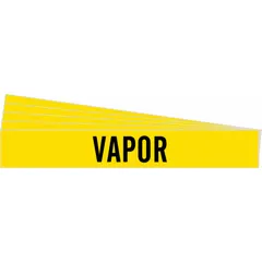 Yellow adhesive pipe marker with black legend reading 'Vapor', without arrows. Fits pipe outer diameters from 2-1/2 to 7-7/8 inches. Sold in a 5-pack. Used to identify vapor piping systems in industrial facilities.