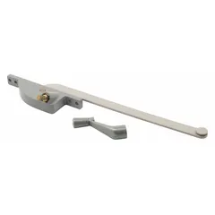 This left-hand crank window operator is designed for casement windows, featuring a painted aluminum finish and a 4 3/4 in base length. It includes a handle and mounts directly on the window frame, providing a replacement solution for opening and closing casement windows.