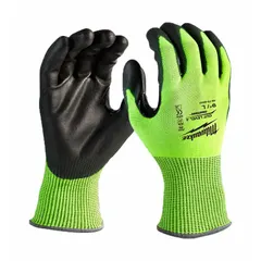 Medium-duty cut-resistant gloves with nitrile palm dip, ANSI Cut Level A4, made from 13-gauge HPPE knit in lime color. Features reinforced thumb crotch for added durability and touchscreen compatibility. Suitable for assembly, metal handling, and general industrial tasks requiring cut protection.