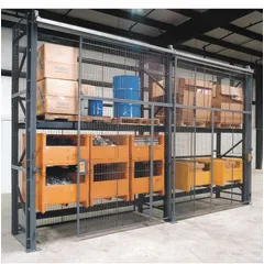 This wire mesh enclosure kit is designed to secure pallet rack storage areas in warehouses and distribution centers. Constructed from 10 ga steel with a powder-coated gray finish, it includes five sliding doors and all necessary hardware. The 96 in x 42 in x 144 in dimensions provide visibility and airflow while preventing unauthorized access and falling debris.