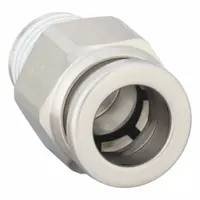 This SMC stainless steel push-to-connect fitting connects 10 mm OD tubing to a 1/4" BSPT threaded port. Suitable for pneumatic and fluid-power systems in automation and material handling applications