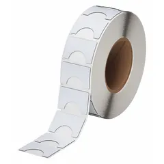 Polyester, white gloss precut labels for raised panel push buttons. Each label measures 1 19/64 in x 1 57/64 in, with 500 labels per roll. Compatible with BBP81 printer series. Used for identifying push buttons, switches, and controls in industrial panels.