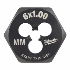 This solid hex rethreading die is used to clean or restore damaged external threads on M6x1 metric fasteners. It features a 1-inch hex width and is made from black oxide carbon steel. Commonly applied in maintenance, repair, and fabrication tasks.