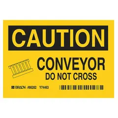 Polyester caution signs for conveyor hazards, with adhesive mounting for quick application to equipment, walls, or panels. Nominal sign size 3 1/2 in x 5 in, thickness 0.01 in. Pack of 5. Not retroreflective, not glow-in-the-dark, no anti-slip surface.