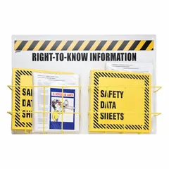 This wall-mount safety station is designed to organize and display safety documents, signs, or instructions in industrial facilities. It measures 20 inches in height, 29 inches in width, and 5 inches in depth, with a black finish. Mounting hardware is not included.