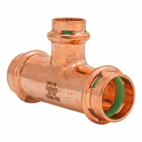 This copper or bronze press tee fitting connects three copper pipes in plumbing and HVAC systems. It features two 3/4 in CTS and one 1/2 in CTS connections, with a seal window for visual confirmation of proper crimping. Suitable for branching or merging water lines in residential and commercial installations