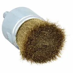 This WEILER end brush features a crimped brass fill with a 0.005 in diameter for nonsparking light cleaning of soft metals. With a 1 in brush diameter and a 1/4 in shank, it is suited for removing oxidation, burrs, and surface contaminants in environments where sparking must be avoided.